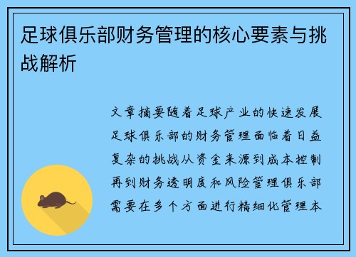 足球俱乐部财务管理的核心要素与挑战解析